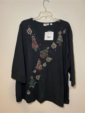 Quacker Factory Black Sequin & Beaded Holiday Tree Tee Shirt